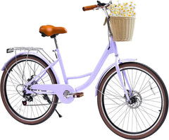 24" Beach Cruisers for Women, NEORIVER Bikes for Women with Rattan Basket, 7-Speed & Step-Through Frame