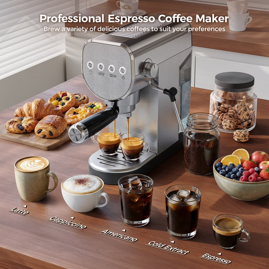 Coffee Maker, 20 Bar Espresso Machine with Milk Frother & Cold Brew,Compact Coffee Latte Machine for Home, 1250W, Steel Design
