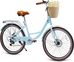 24" Beach Cruisers for Women, NEORIVER Bikes for Women with Rattan Basket, 7-Speed & Step-Through Frame