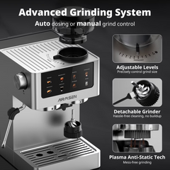 AIRMSEN Espresso Machine with Grinder, Espresso Coffee Machine with Customized Grind Amount & Coffee Volume, Cold Brew Coffee Maker for Cappuccino Latte Americano, Brushed Stainless Steel