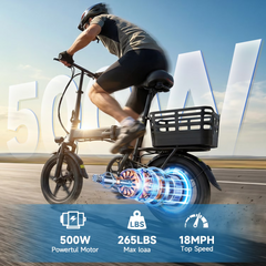 XKJ Electric Bike for Adults, Ebike, Electric Bicycle with 576WH Battery,14" Folding Ebike, 21MPH,20+ Miles(MAX),500W Motor,Multi-Shock Absorption,Commuting Mini E Bikes with Baskets,UL2849