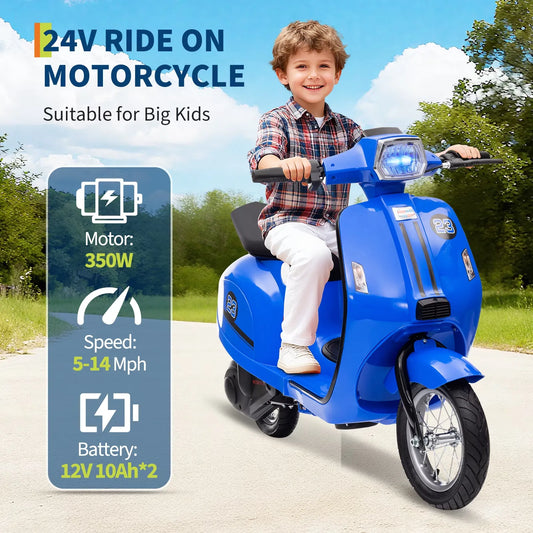 Kicctian 24V 350W Kids Electric Ride-On Moped Scooter, Up to 14MPH with Rear Brake, LED Lights, Twist Grip Throttle, 143 lbs Load Capacity, Ages 8-12 for Boys and Girls,Blue