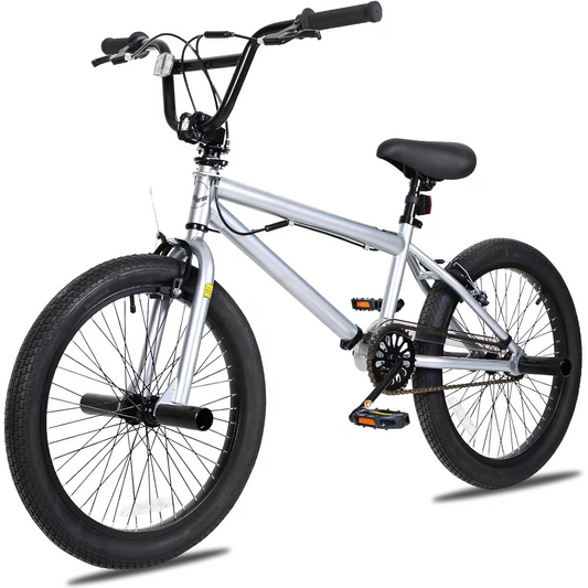 Hykolity 20 inch BMX Bike Freestyle Cycling Trick Bicycle with 4 Pegs for Teenage Adults Men Women Beginners Street Stunt Bike V-Brake Silver