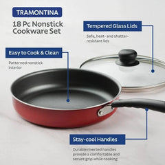 18 Piece Cookware Set Nonstick Pots and Pans Home Kitchen Cooking Non Stick, Red